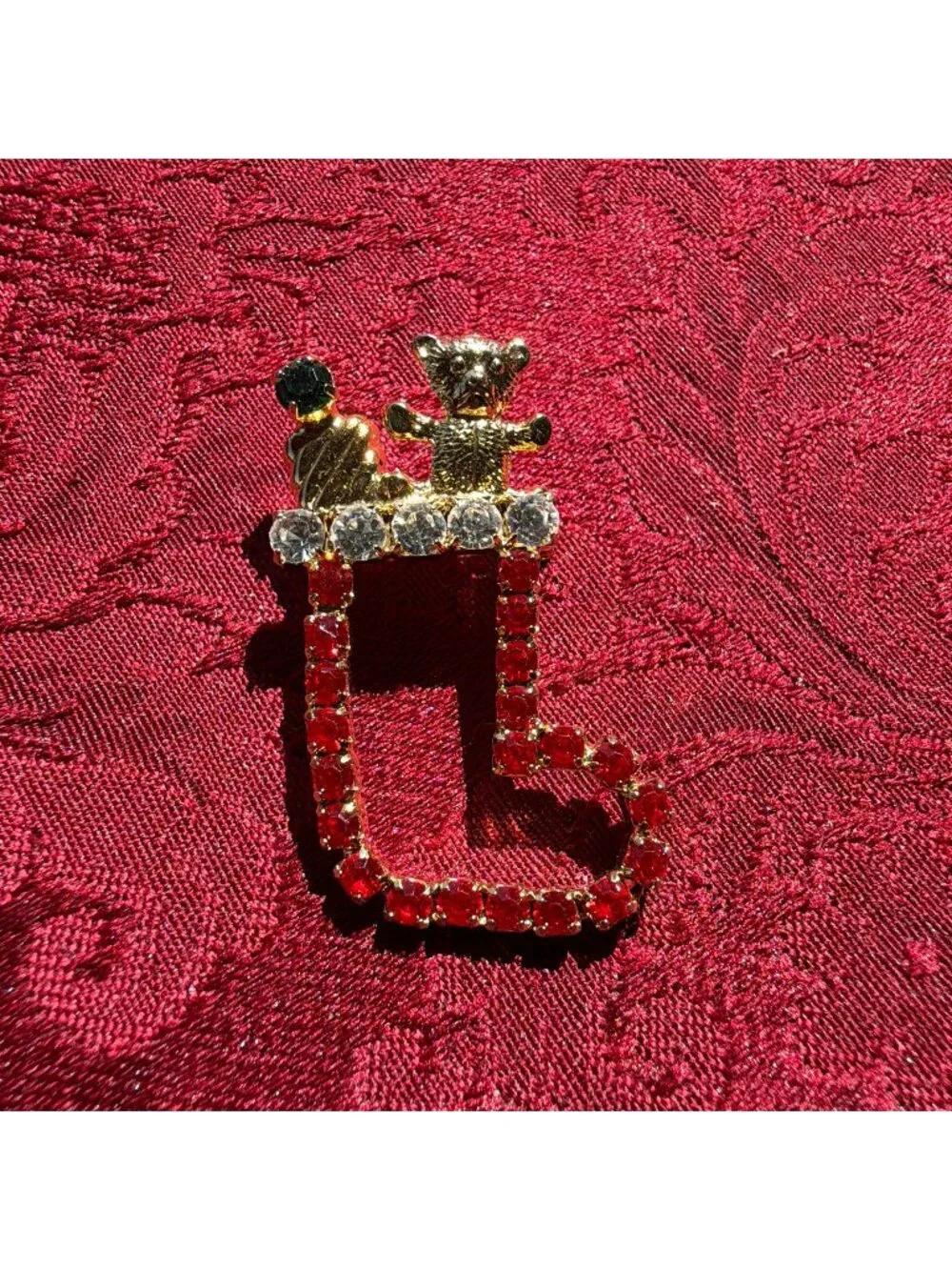 Vintage Christmas Stocking Brooch Red Clear Rhinestone Gold Tone Teddy Bear Pin